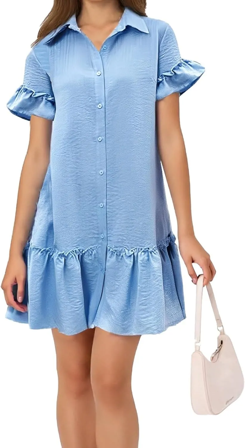 Womens Summer Collared Shirt Dresses Casual Button Down V-Neck Ruffle Short Sleeve Holiday Beach Mini Dress Sundress