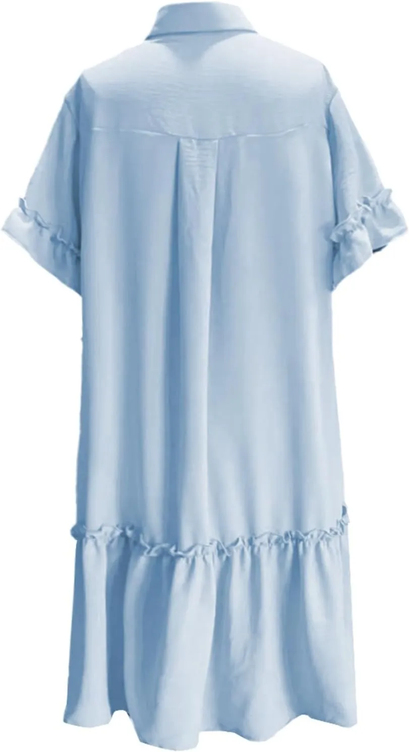 Womens Summer Collared Shirt Dresses Casual Button Down V-Neck Ruffle Short Sleeve Holiday Beach Mini Dress Sundress