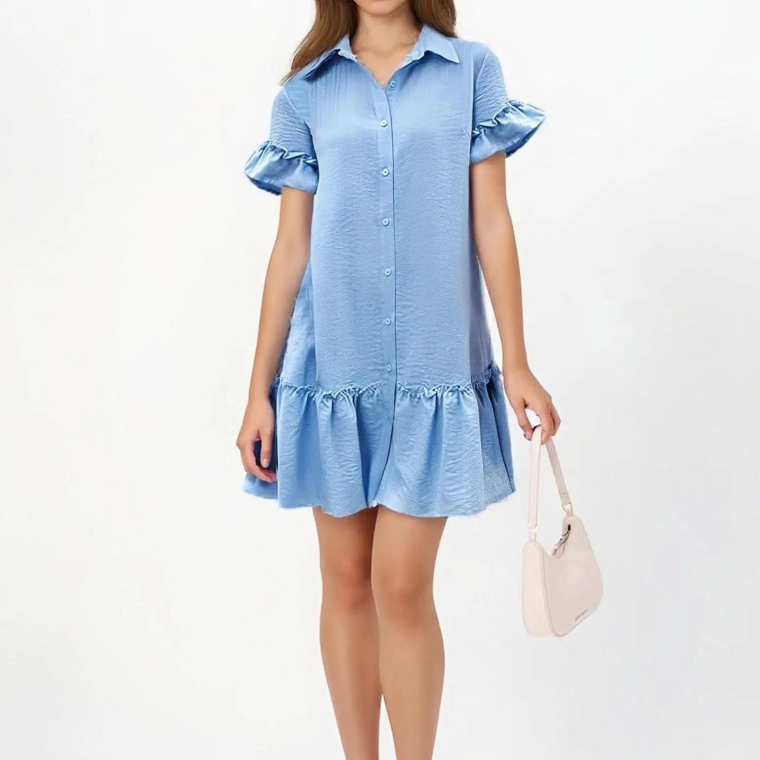 Womens Summer Collared Shirt Dresses Casual Button Down V-Neck Ruffle Short Sleeve Holiday Beach Mini Dress Sundress