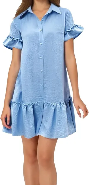 Womens Summer Collared Shirt Dresses Casual Button Down V-Neck Ruffle Short Sleeve Holiday Beach Mini Dress Sundress