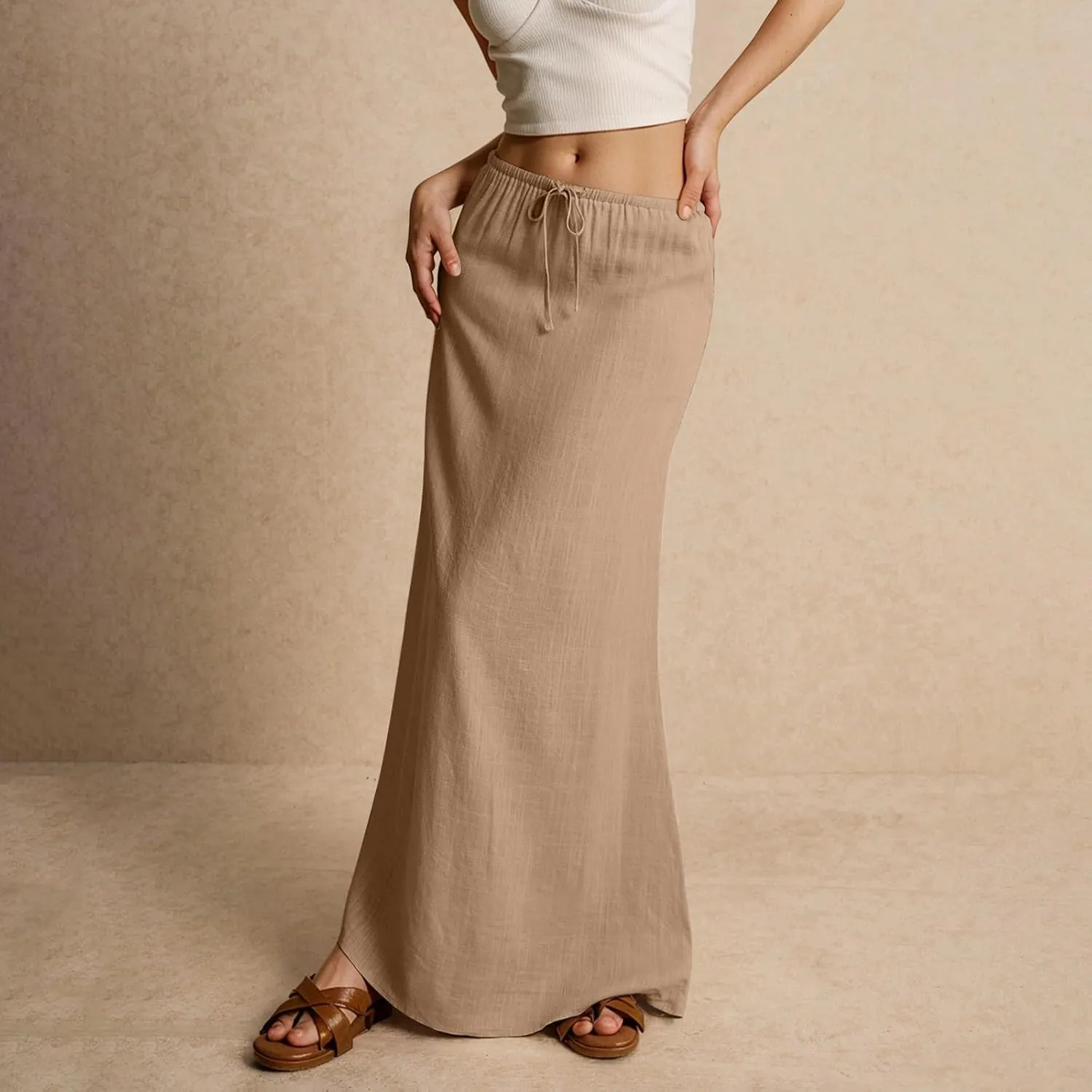 Women's Summer Maxi Linen Skirt Elastic Low Waist Drawstring A-Line Casual Skirts Boho Flowy Beach Long Skirts