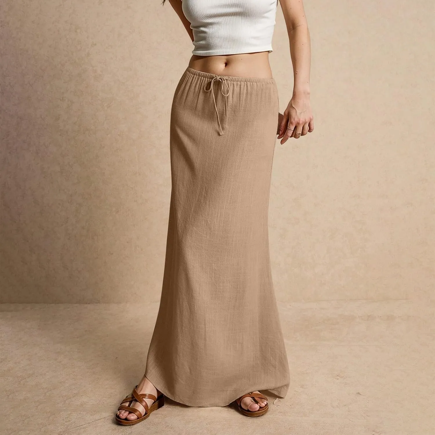 Women's Summer Maxi Linen Skirt Elastic Low Waist Drawstring A-Line Casual Skirts Boho Flowy Beach Long Skirts
