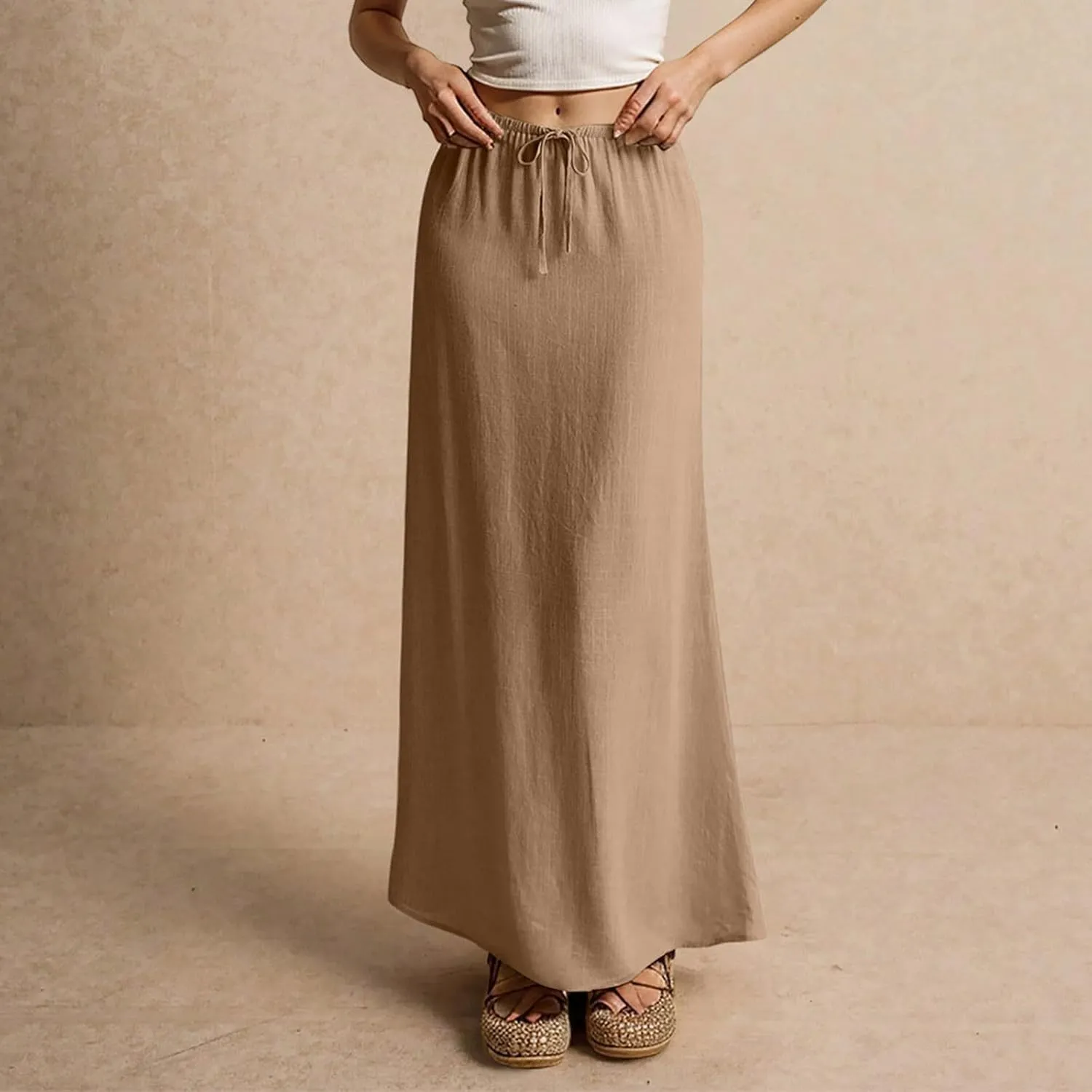 Women's Summer Maxi Linen Skirt Elastic Low Waist Drawstring A-Line Casual Skirts Boho Flowy Beach Long Skirts