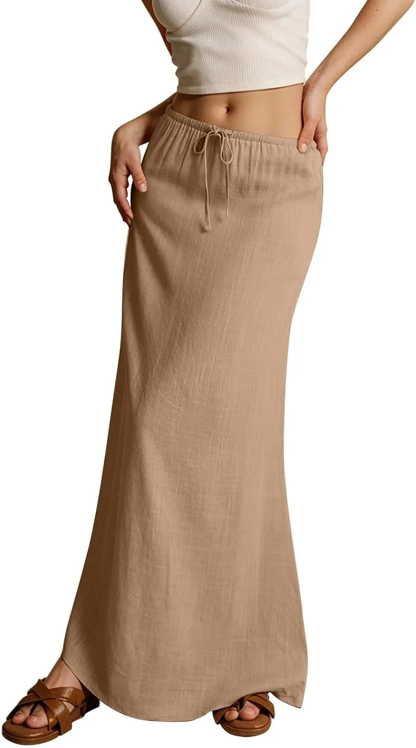 Women's Summer Maxi Linen Skirt Elastic Low Waist Drawstring A-Line Casual Skirts Boho Flowy Beach Long Skirts