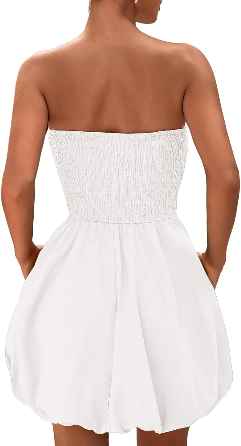 Women's Summer Mini Dress Sexy Strapless Tube Dress Sleeveless Backless Tiered Layered Ruffle Hem A-Line Short Dresses