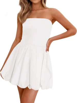 Women's Summer Mini Dress Sexy Strapless Tube Dress Sleeveless Backless Tiered Layered Ruffle Hem A-Line Short Dresses